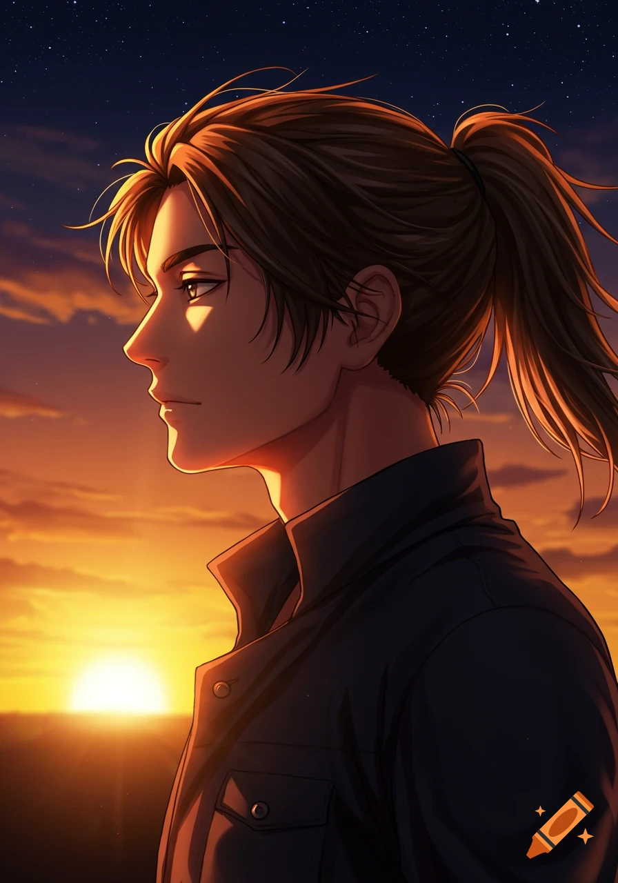 Anime male character in a ponytail looking at a sunrise.
