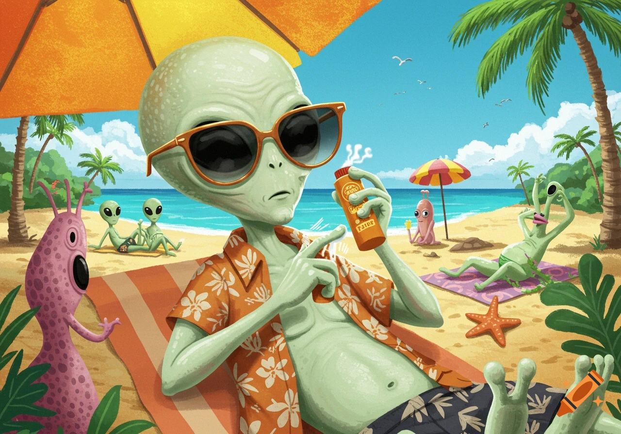 Cartoon aliens lounge on a beach, one applying sunscreen while wearing sunglasses.