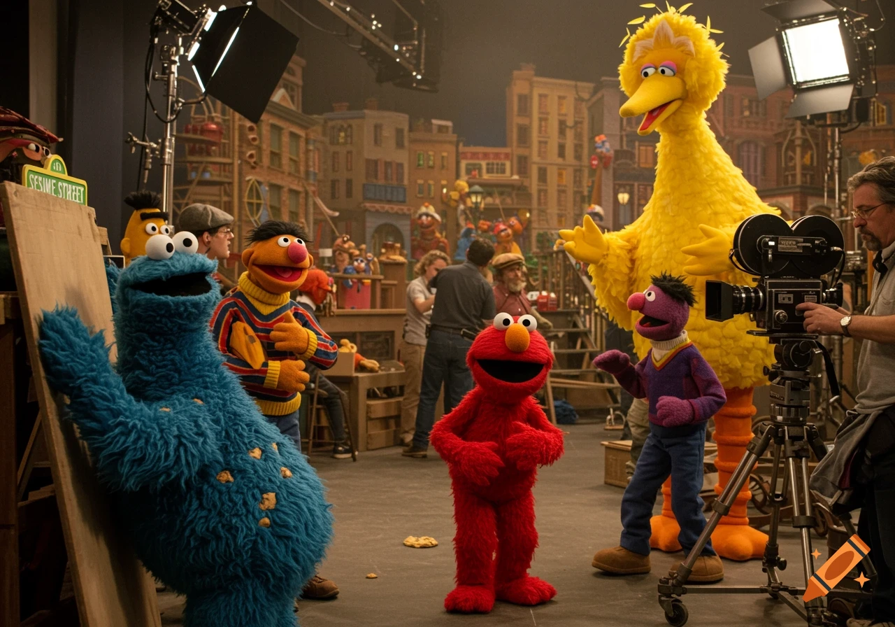 Sesame Street characters on a film set with camera and lighting equipment