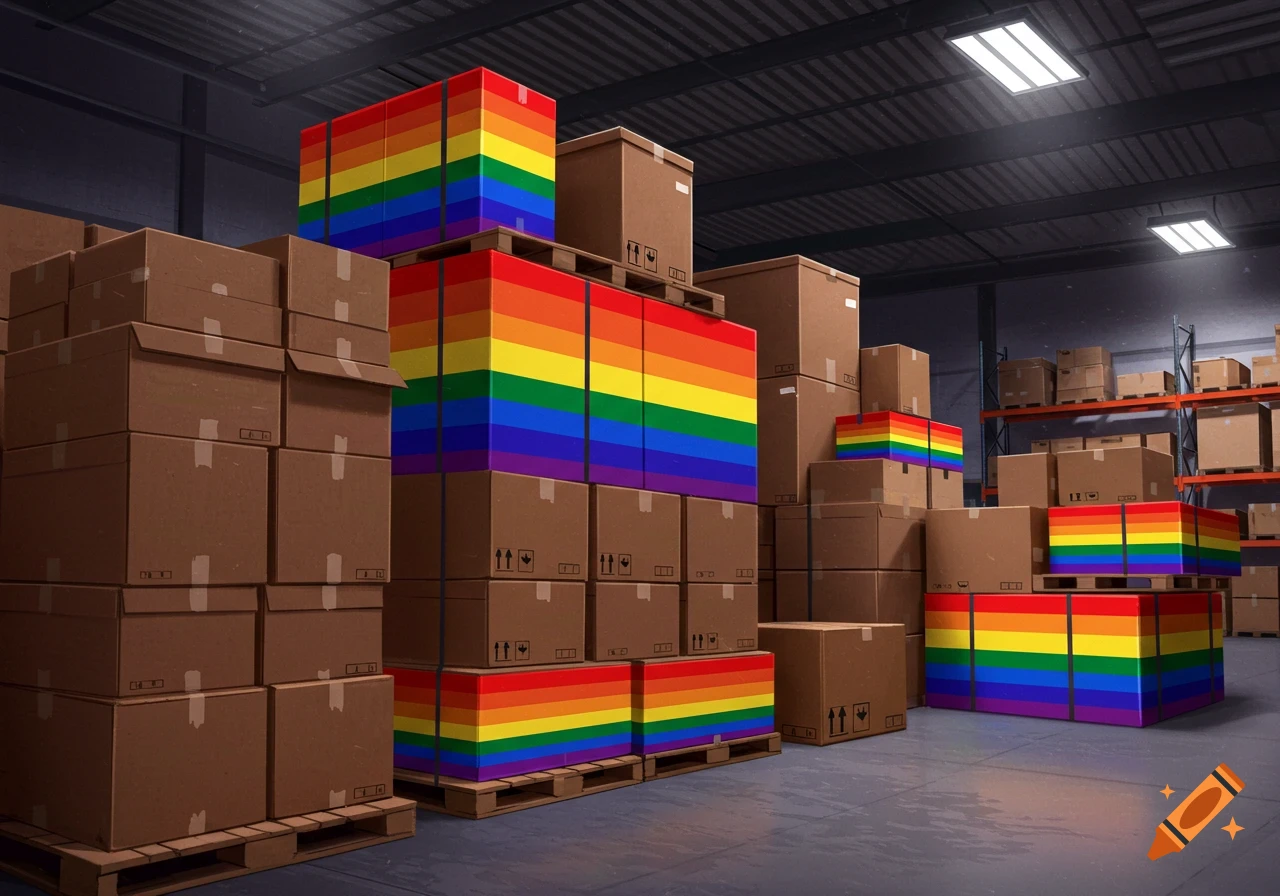 Stacks of cardboard boxes in a warehouse, some wrapped in the LGBTQ+ rainbow pride flag colors.