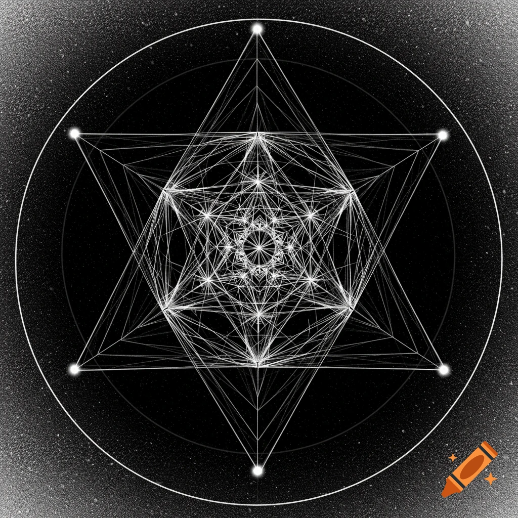 Black and white sacred geometry mandala pattern with a starry background.