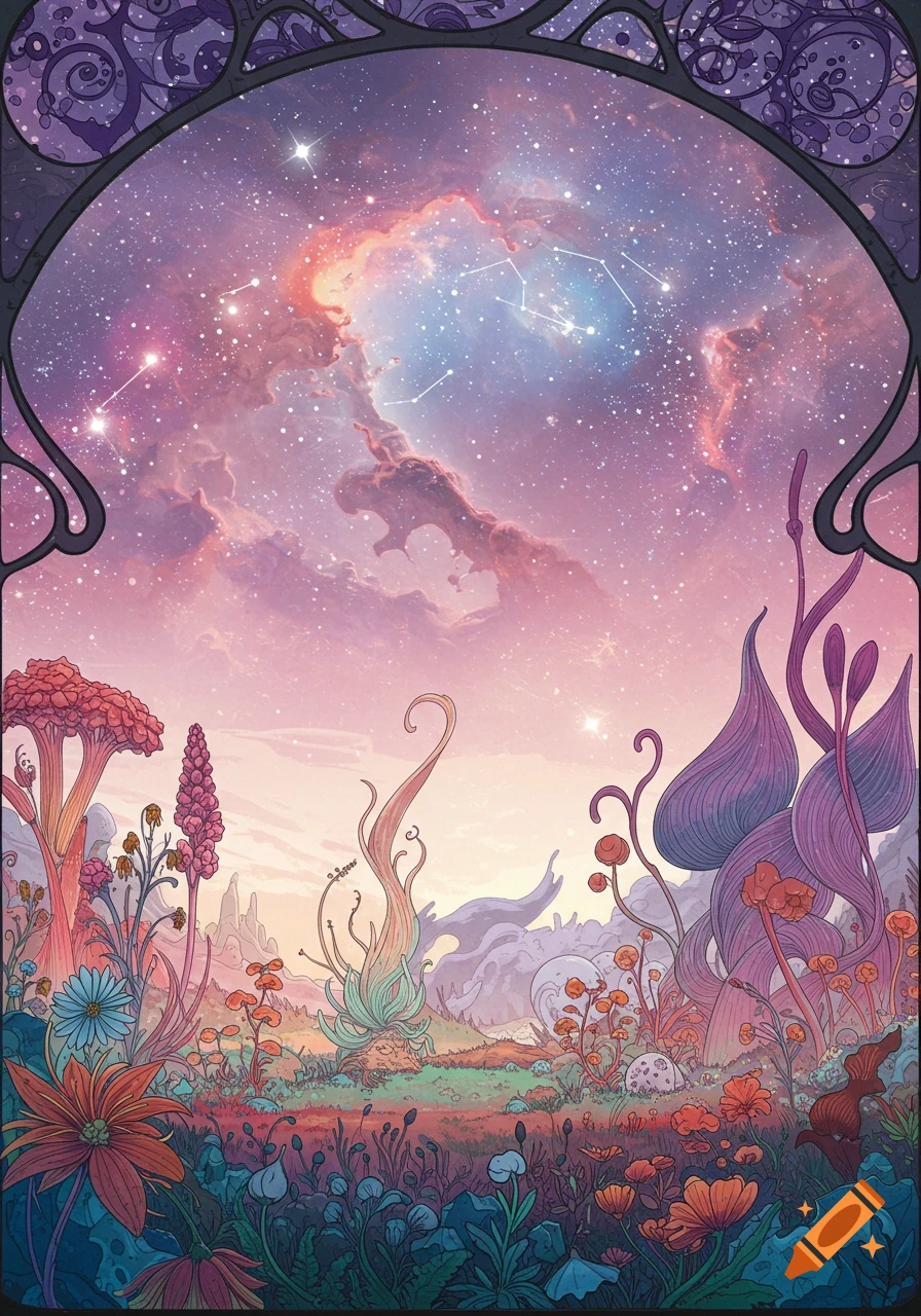 Vibrant fantasy landscape with alien plants and a cosmic sky, framed by decorative borders.