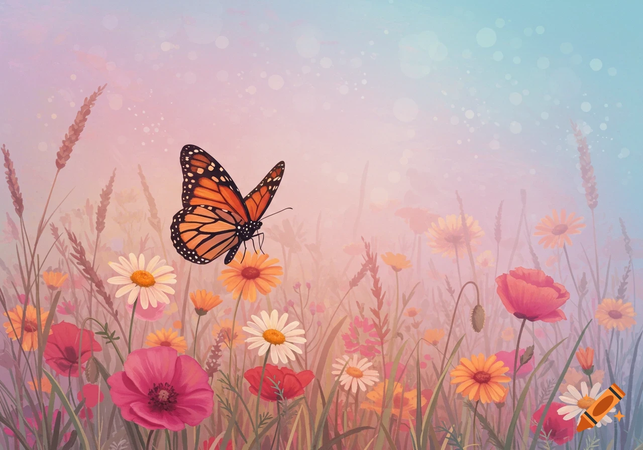 Monarch butterfly on a flower in a field of colorful wildflowers, soft painting style.