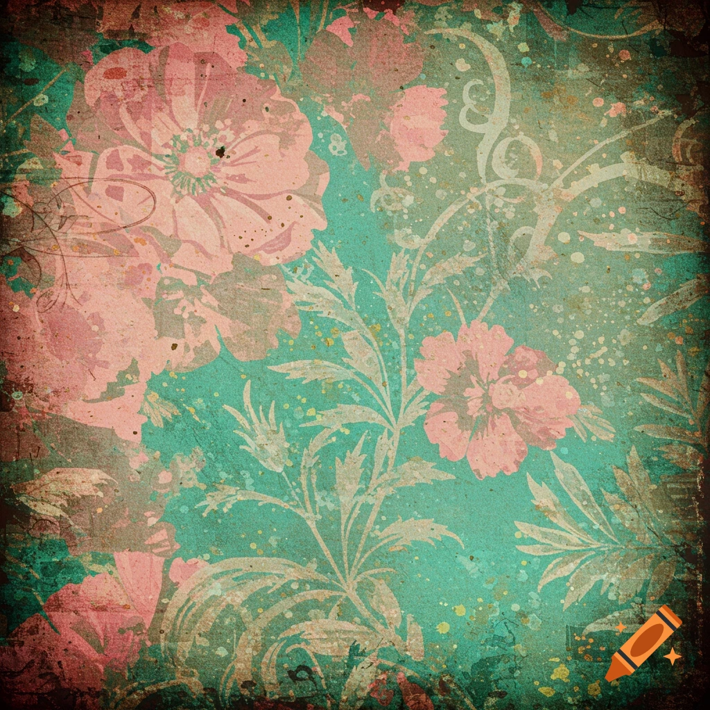 A grungy, vintage floral background with pink flowers and green leaves on teal.