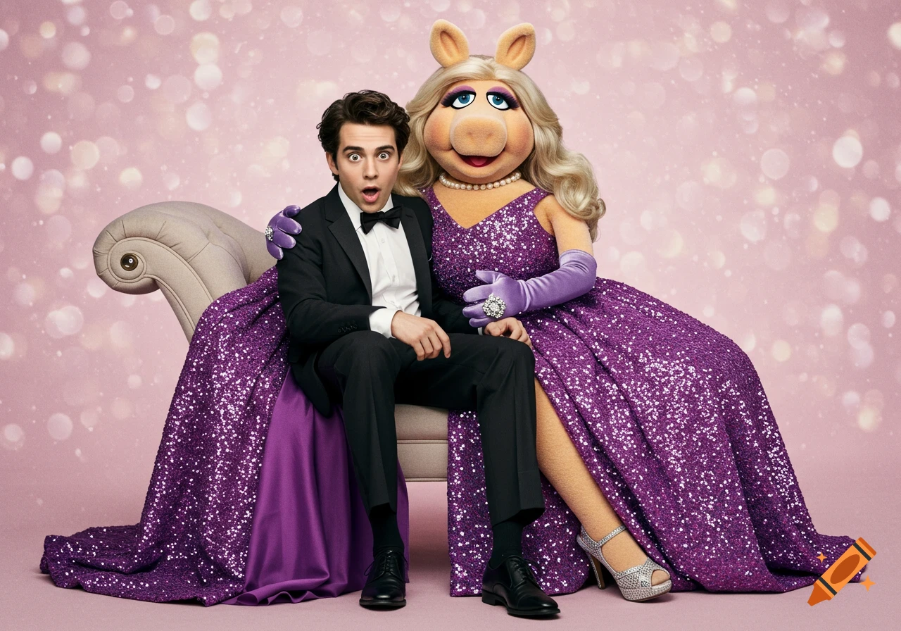 Miss Piggy in a sparkly purple dress and a man in a tuxedo sit together on a chair.