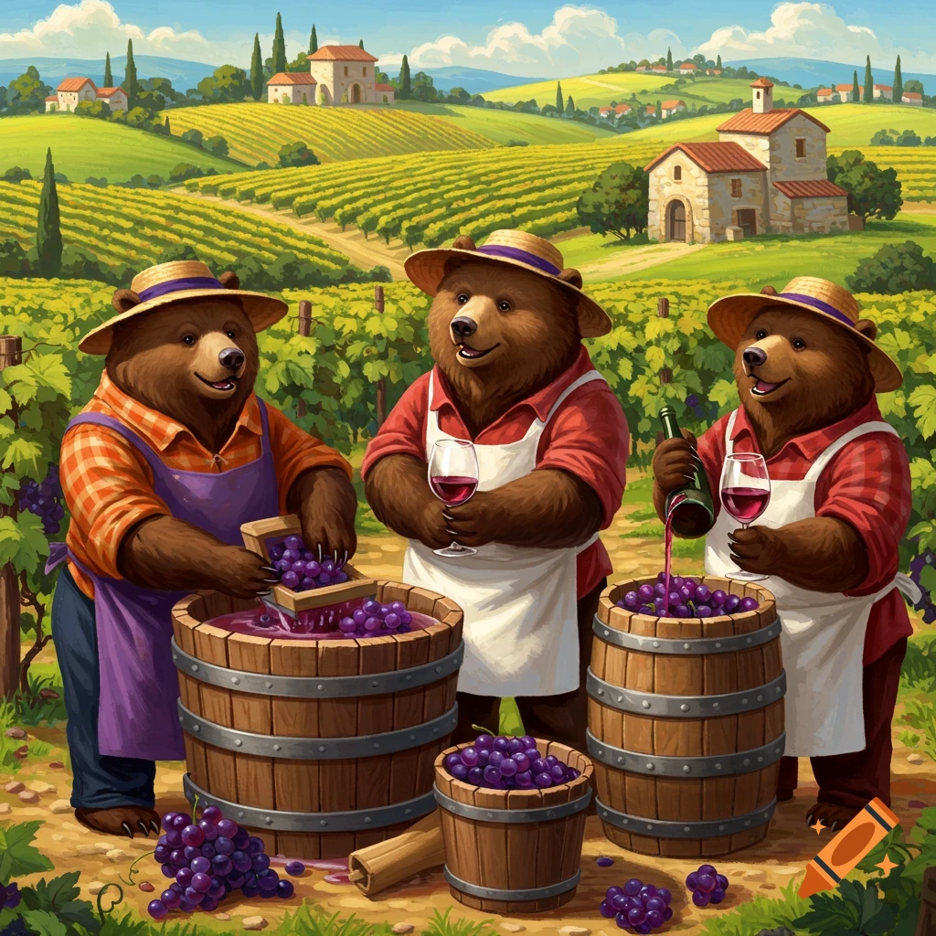 Cartoon bears making wine in a vineyard