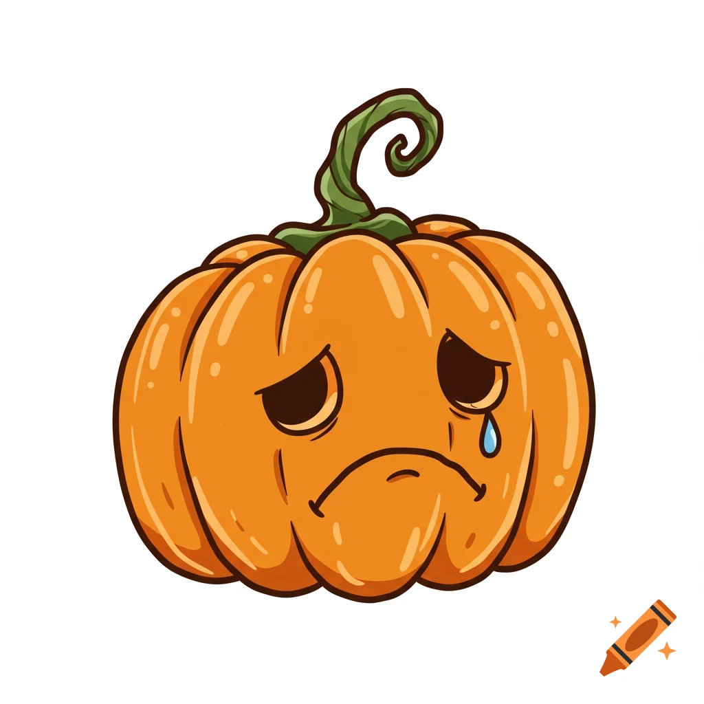 A cartoon illustration of a sad pumpkin with a tear.