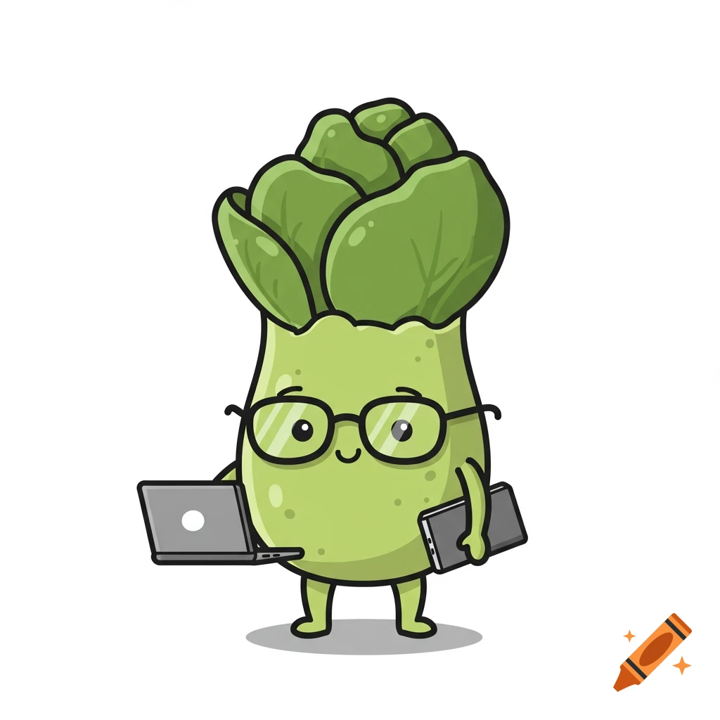 Cute cartoon Brussels sprout character wearing glasses and holding a laptop and smartphone.