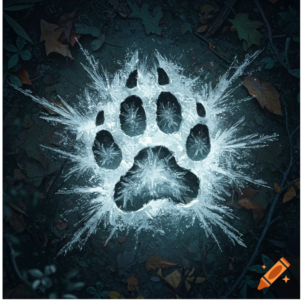 An icy paw print on the ground among fallen leaves.