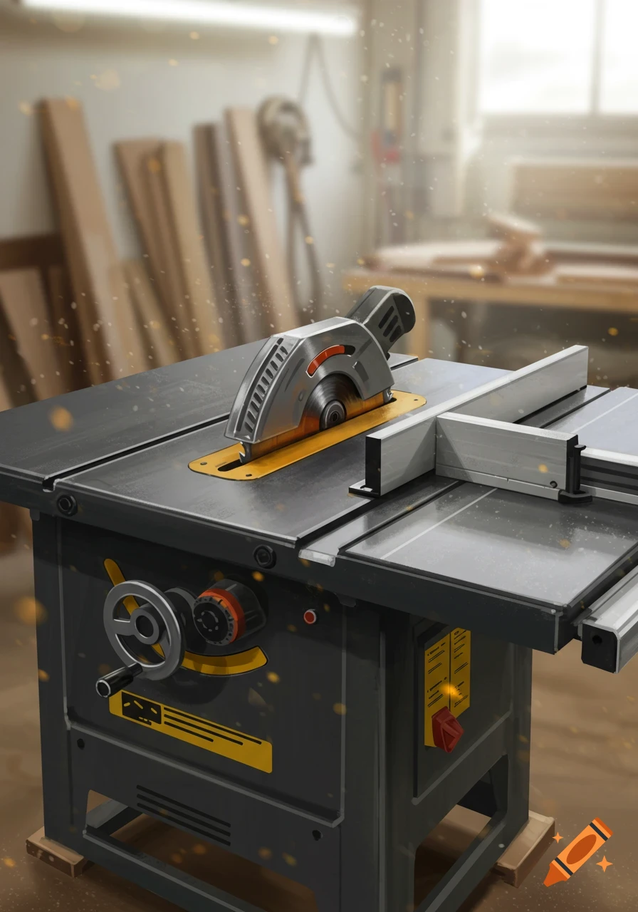 A detailed illustration of a table saw in a sunlit workshop.