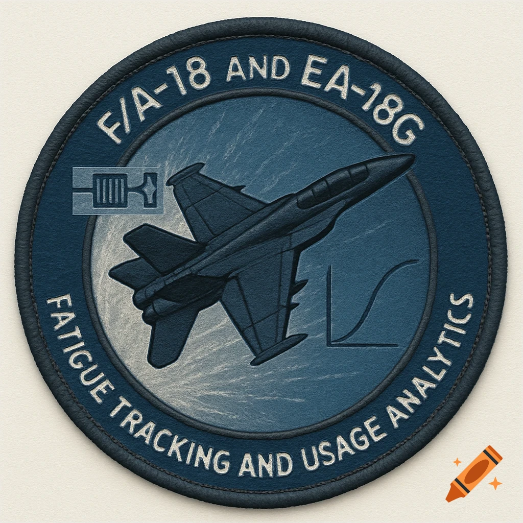 Military patch design featuring an F/A-18 jet and technical diagrams