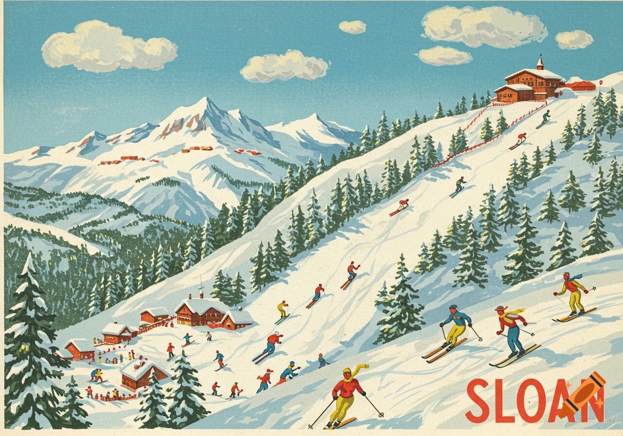 Vintage illustration of skiers on a snowy mountain with lodges and 'SLOAN'