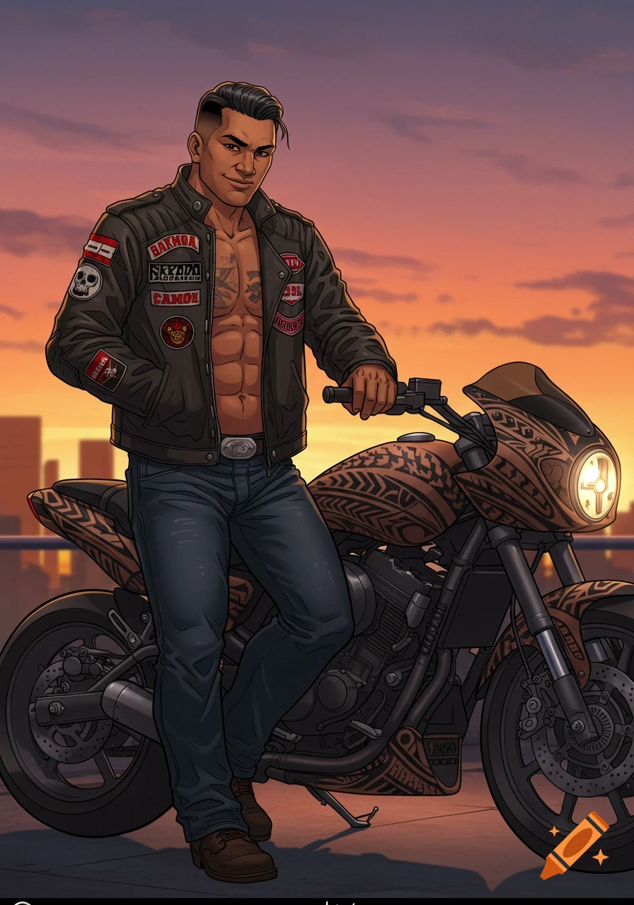 A young Samoan biker man stands beside his motorcycle at sunset.