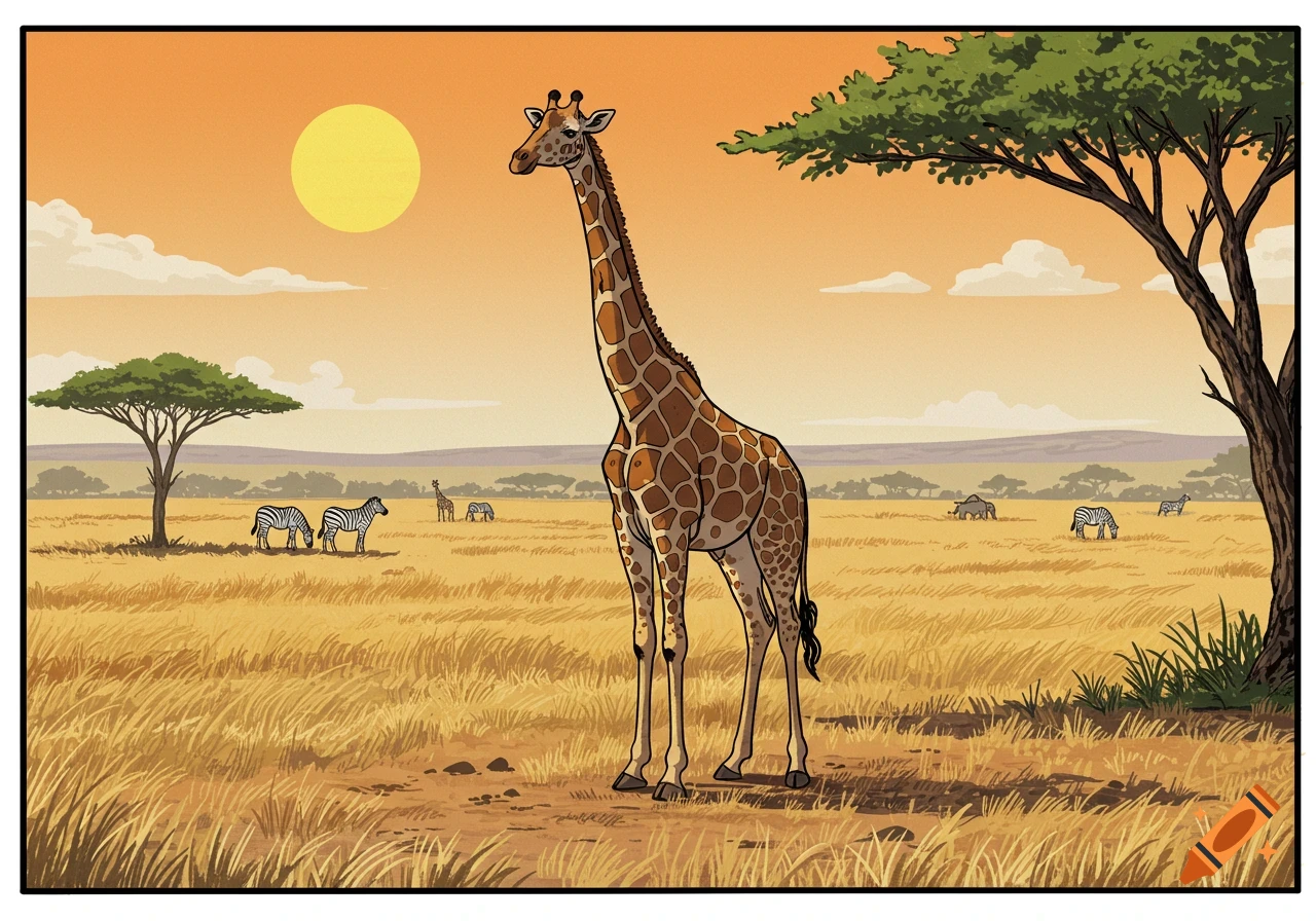 A comic strip style illustration of a giraffe standing in a savanna landscape at sunset with zebras and other animals in the background.