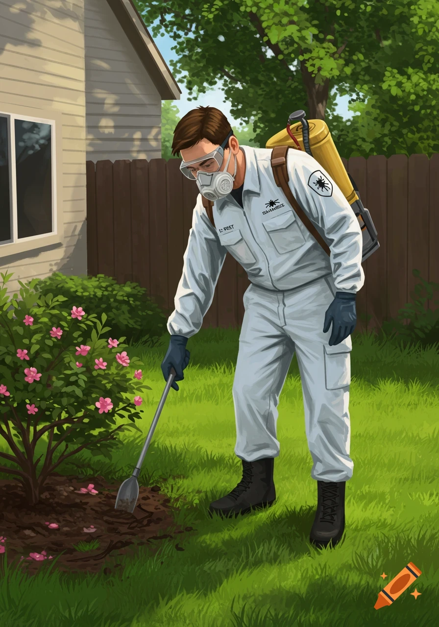 Digital illustration of a pest control technician spraying a bush in a yard next to a house.