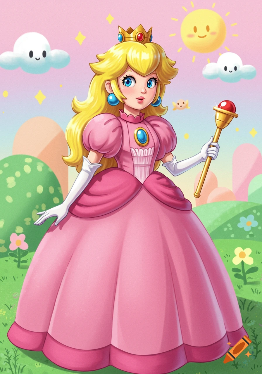 Princess Peach in a pink dress, holding a scepter, in a colorful cartoon landscape with smiling clouds and sun