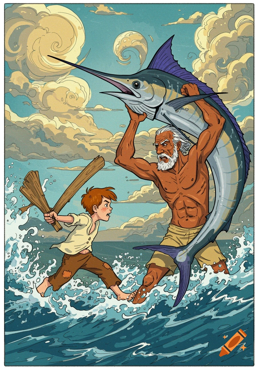 Illustration of an old man holding a large marlin above water while a boy with a stick runs beside him in the sea.