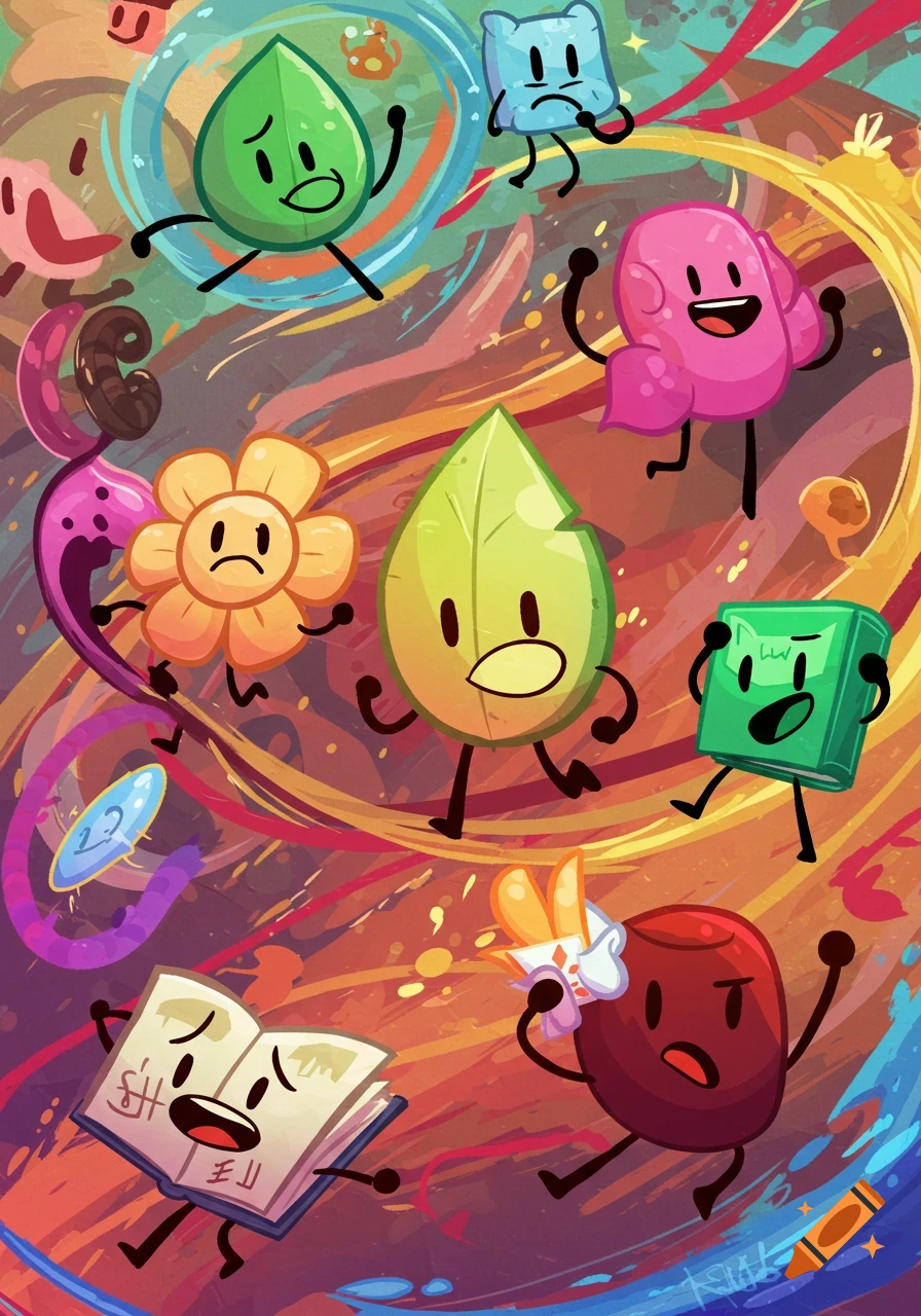 Cartoon illustration of BFDI characters including Leafy, Flower, Blocky, and others, against a colorful, swirling background.