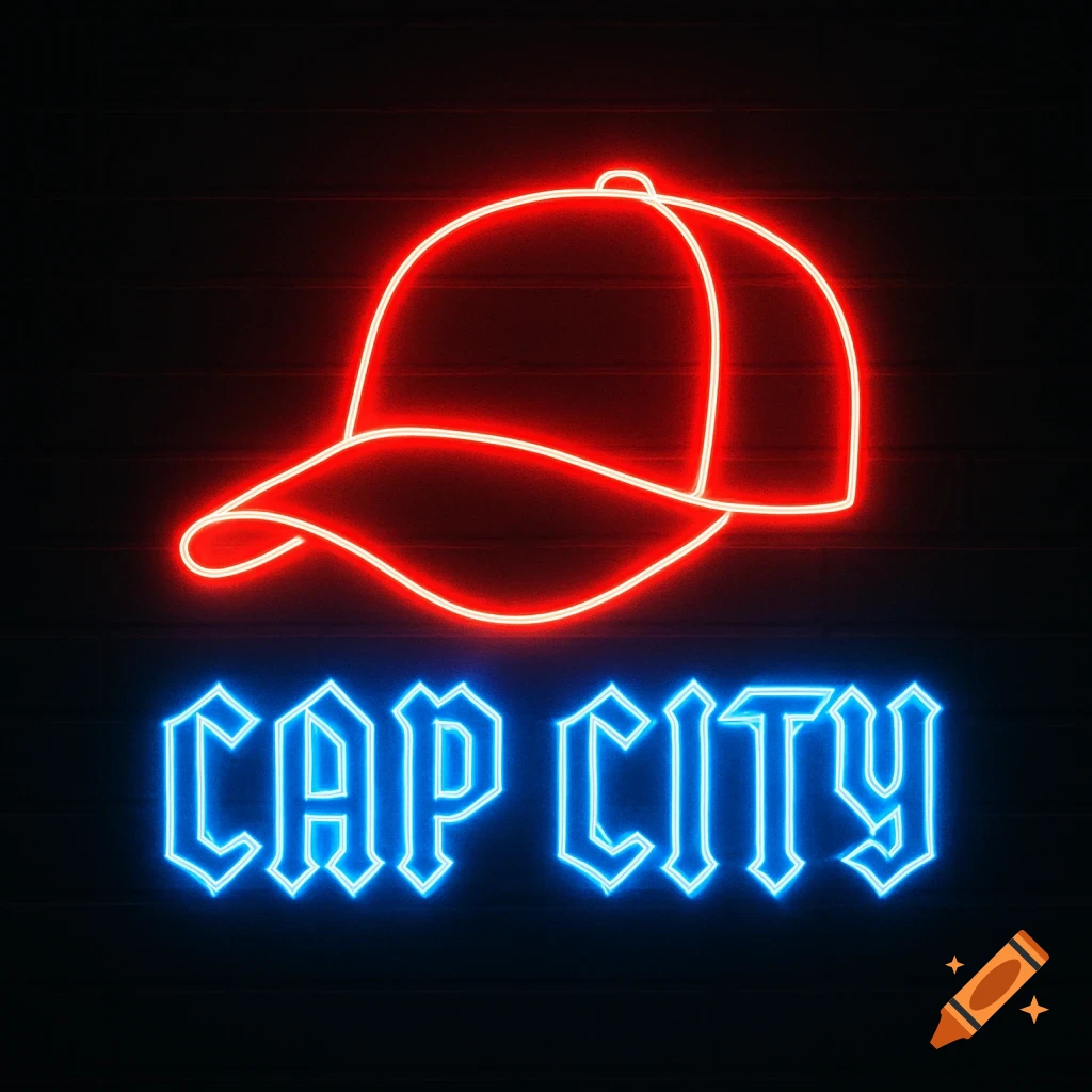 Red neon baseball cap outline above blue neon text reading CAP CITY on a dark brick background.