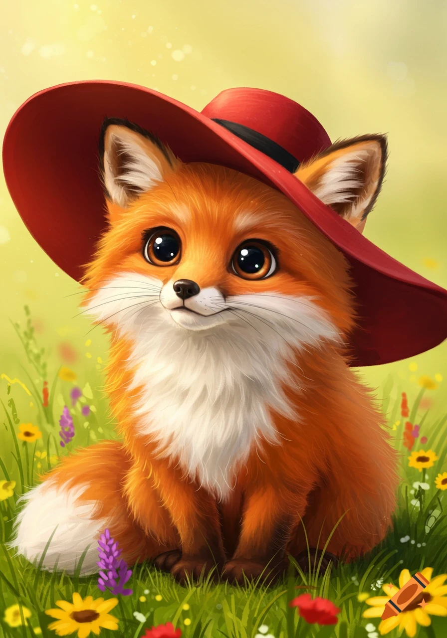 Cute illustration of a fox wearing a red hat sitting in a grassy field with flowers.