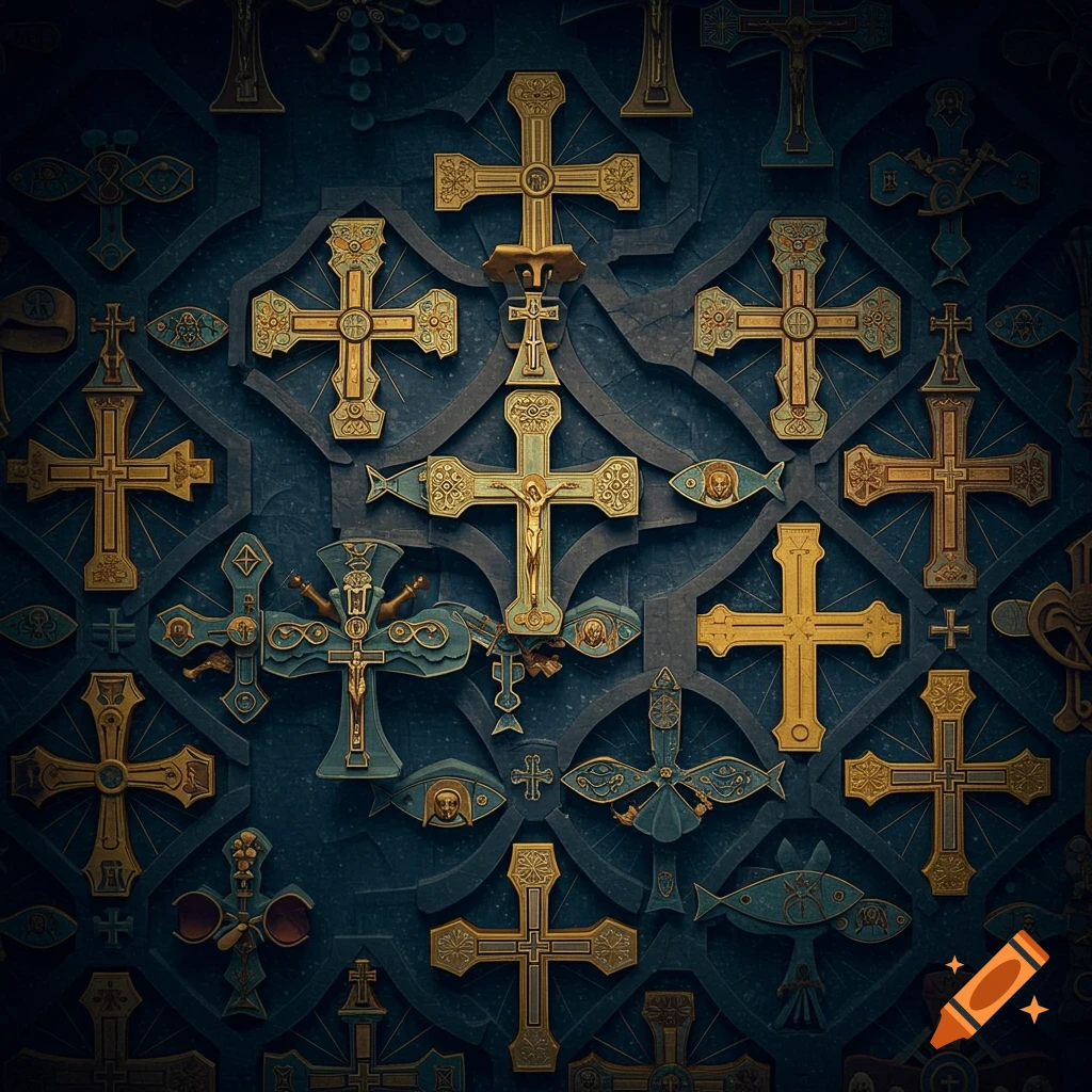 A detailed tessellation pattern of golden and teal Christian crosses and symbols