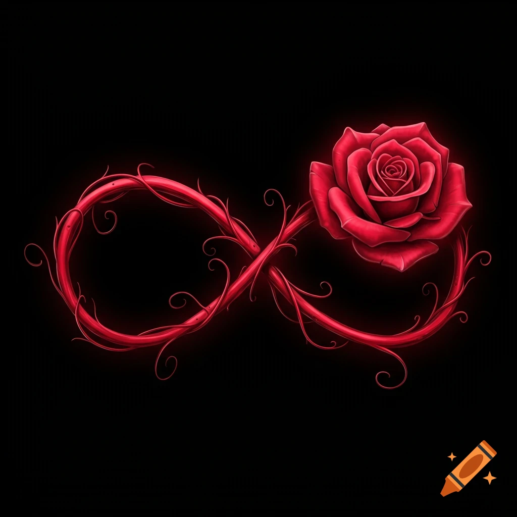 Red rose entwined with a thorny infinity symbol in a tattoo style