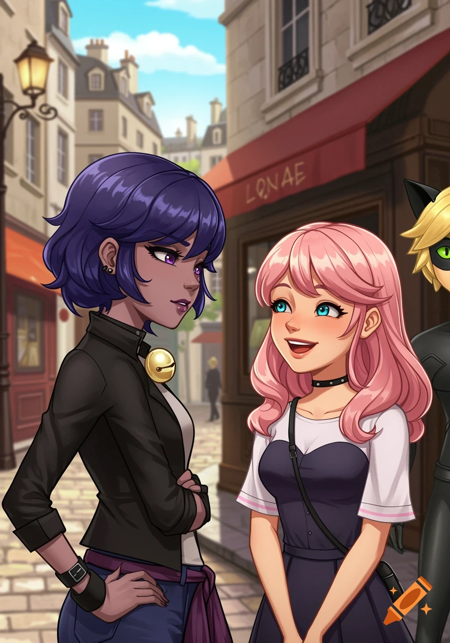 Anime style illustration of Juleka and Rose from Miraculous Ladybug talking on a street in Paris.