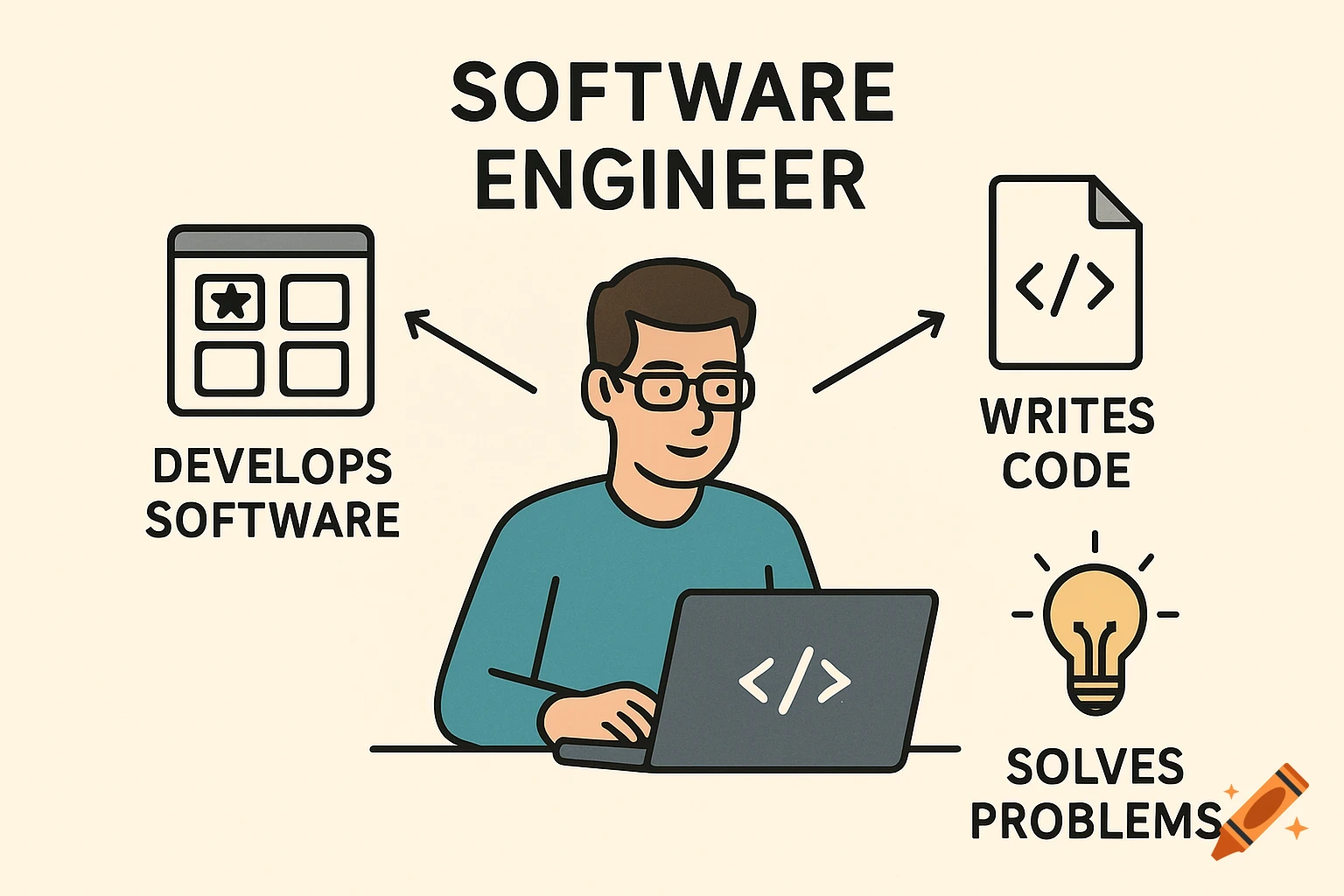A simple diagram illustrating a software engineer who develops software, writes code, and solves problems, with icons representing each.