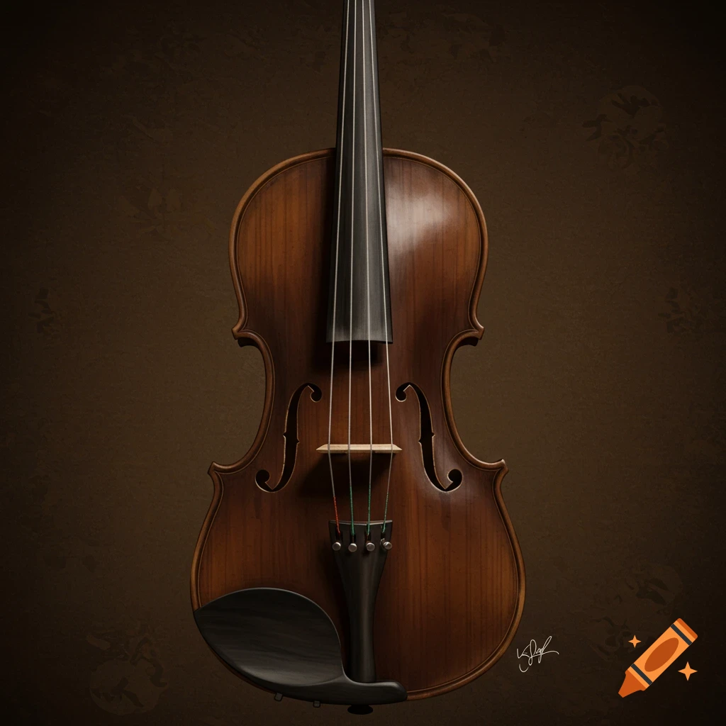 Close-up of a wooden violin against a dark brown background with faint patterns.
