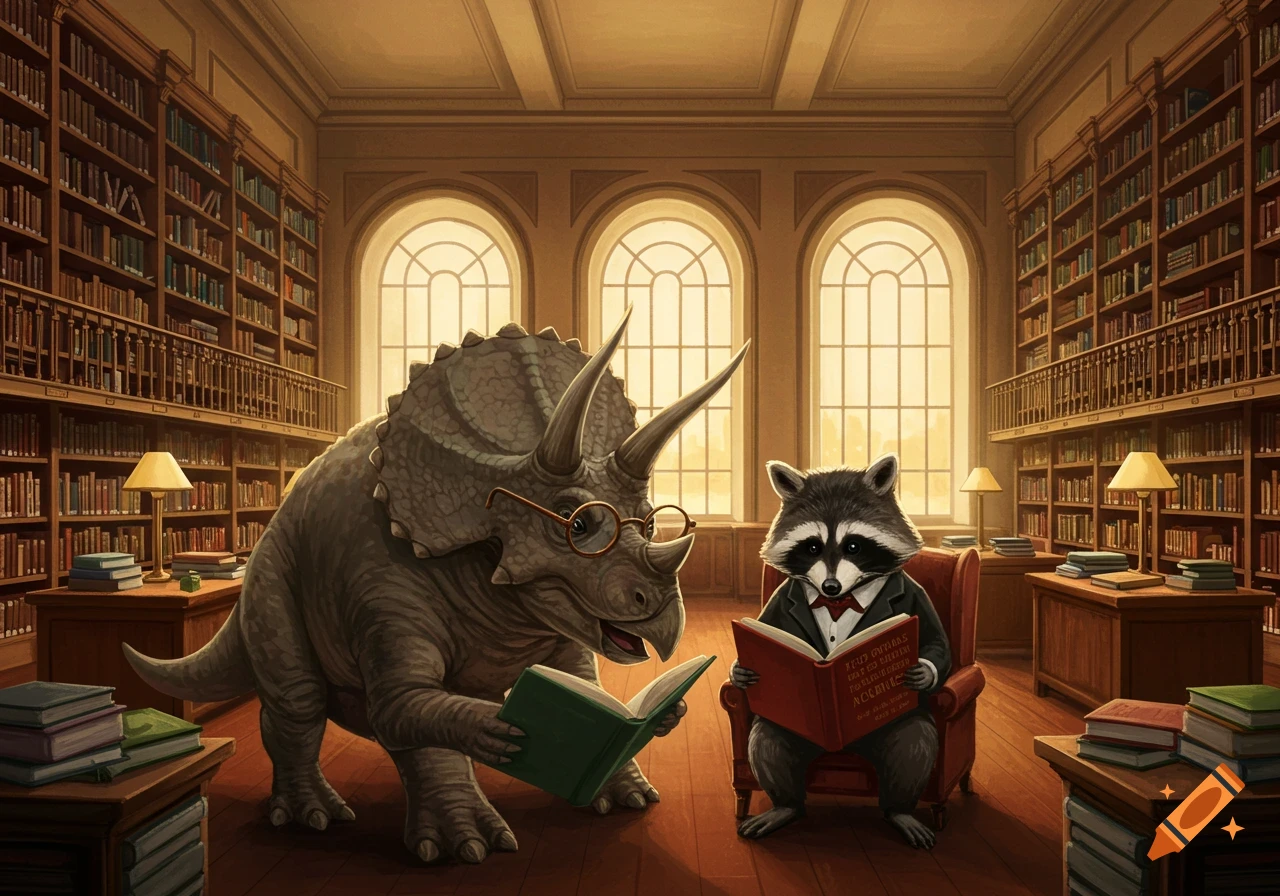 A triceratops and a raccoon in a tuxedo sit reading books in a large library.