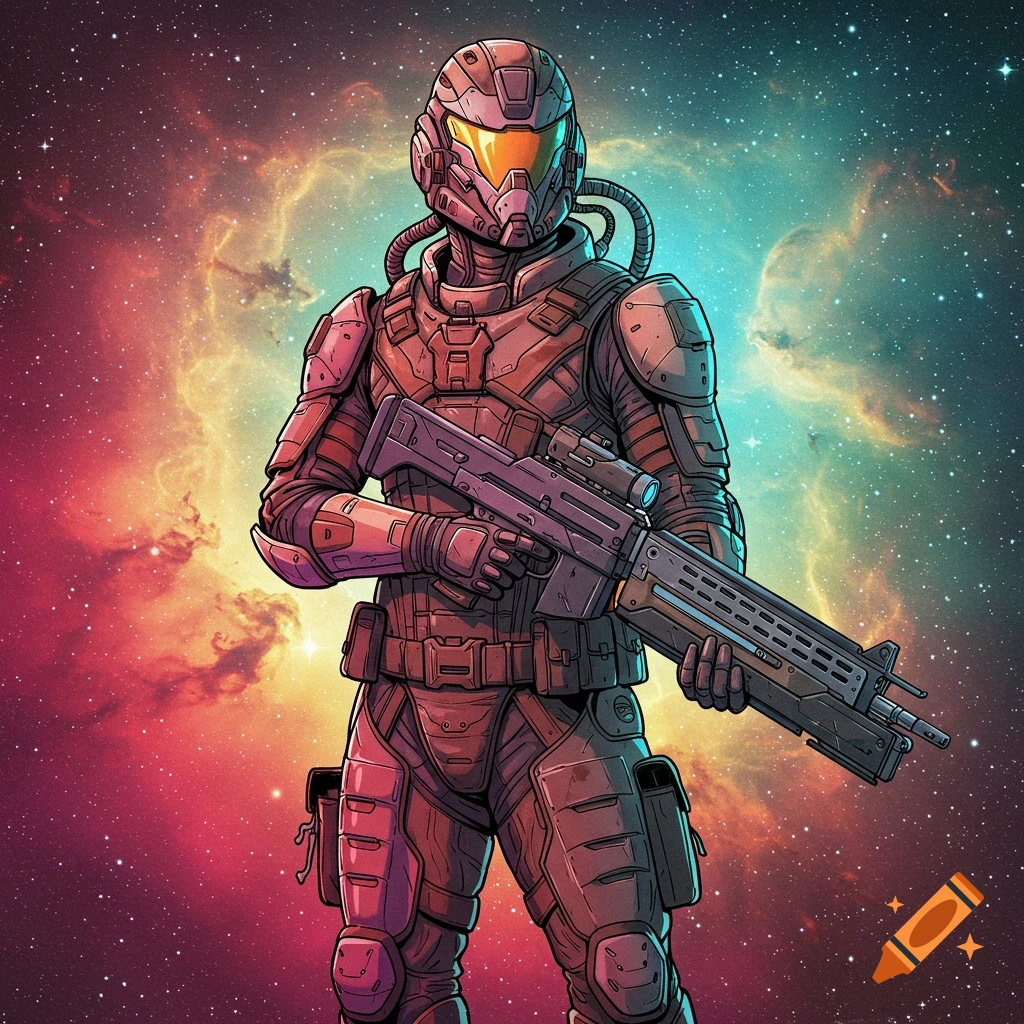 Illustrated space soldier in detailed armor holds a rifle against a colorful starry nebula background.