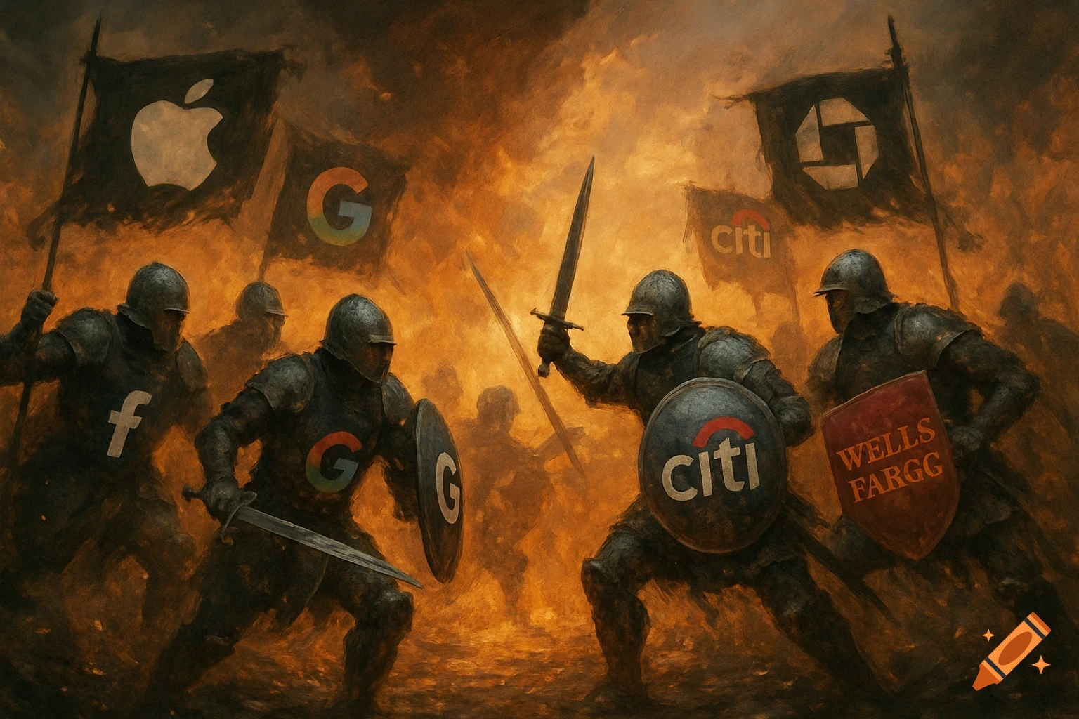 Knights in armor bearing corporate logos like Apple, Google, Facebook, Citi, Wells Fargo, and Chase clash on a smoky battlefield in a painted style.