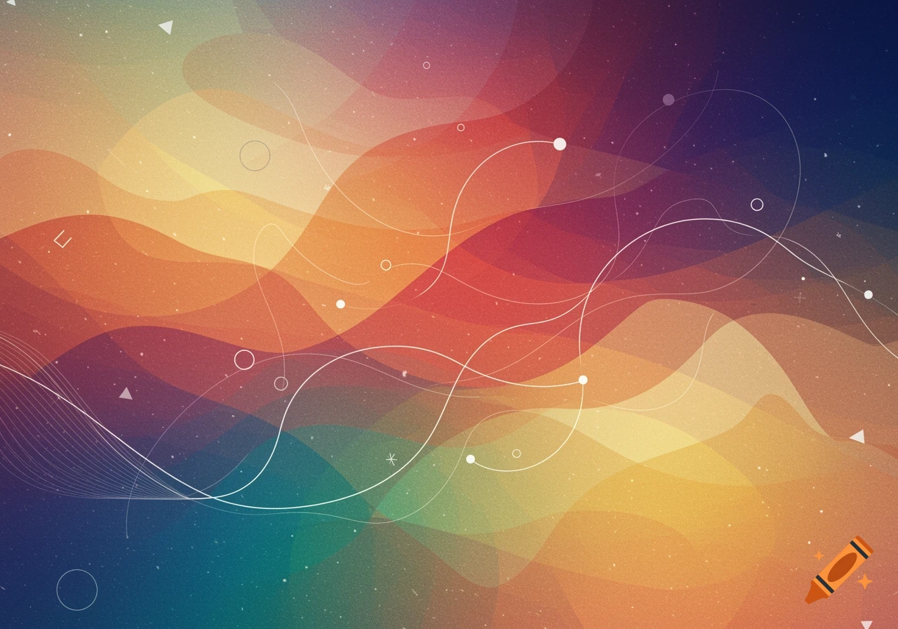 Abstract background with flowing waves of gradient colors, white lines, and geometric shapes.