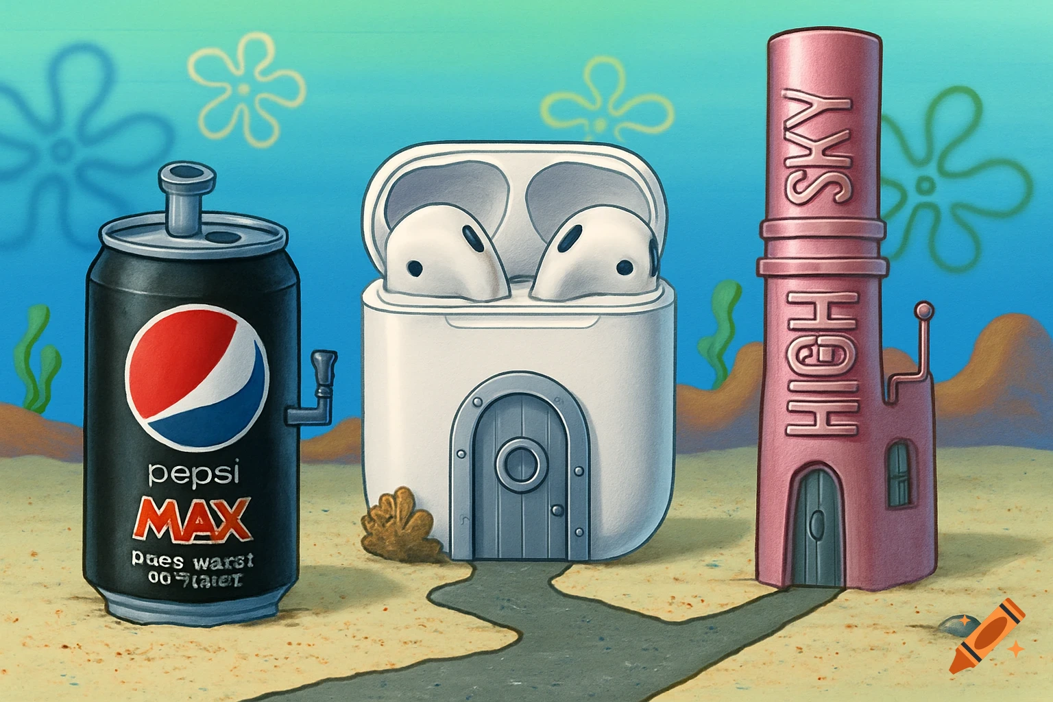 Cartoon image in Spongebob style of three houses: a Pepsi Max can, an AirPods case, and a pink 'HIGH SKY' building on the ocean floor.