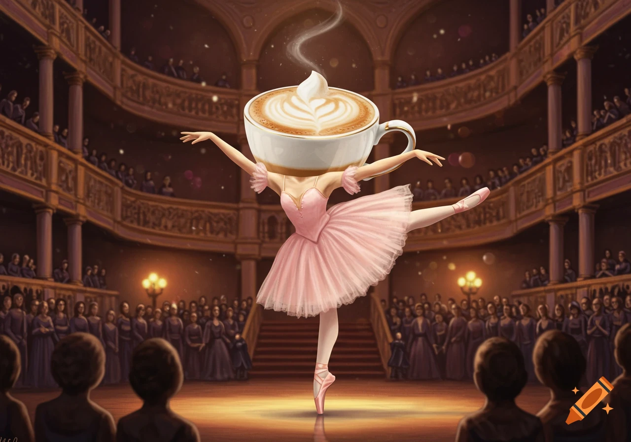 Surreal image of a ballerina with a coffee cup for a head dancing on a theatre stage.