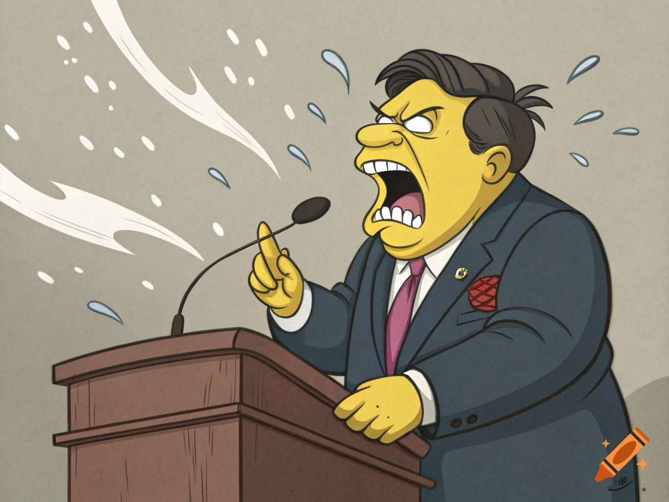 Cartoon character like The Simpsons giving an angry speech at a podium, spewing spittle.