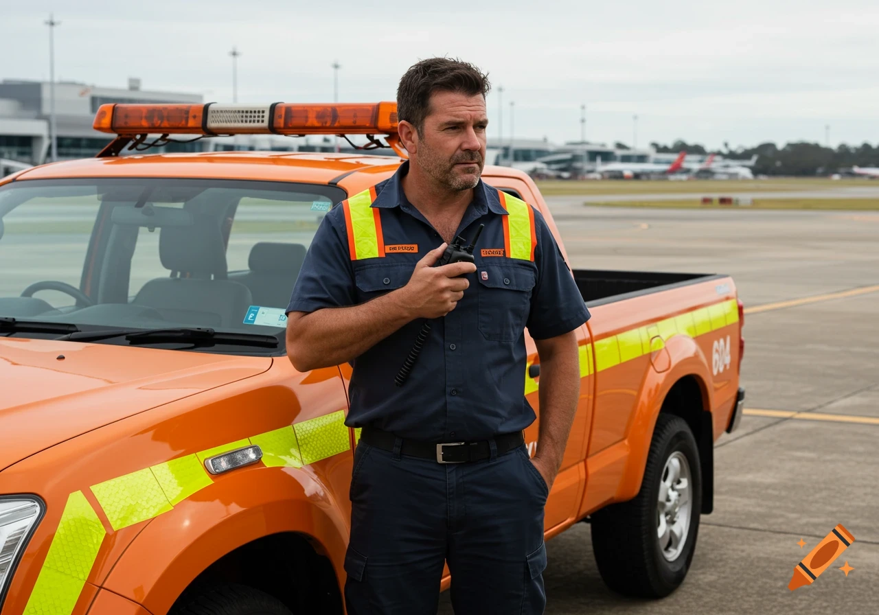 A man in a work uniform stands next to an orange pickup truck at an airport.