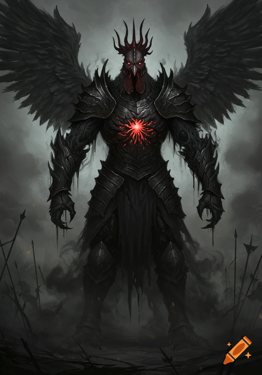 Dark fantasy rooster knight in smoky black armor with wings on a misty battlefield.