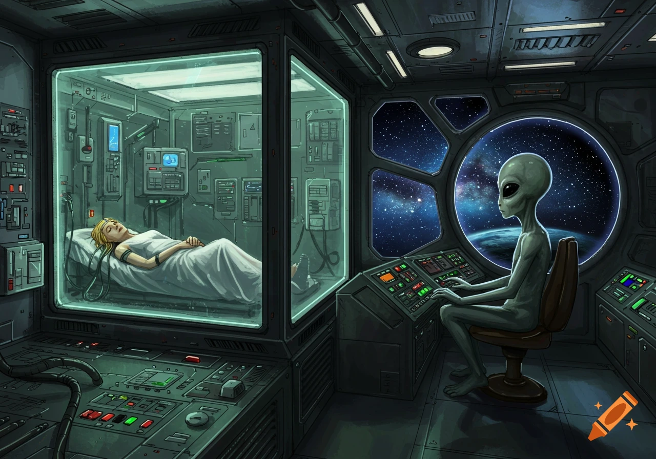 Illustration of a grey alien in a spaceship control room, looking at a human in a glass containment unit, with space visible.