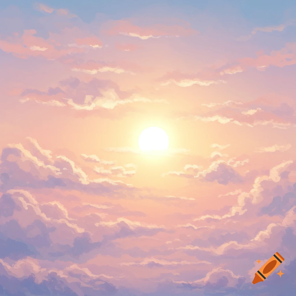Softly colored sky with clouds and a bright sun