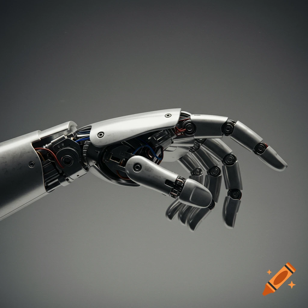 Close-up of a detailed metallic robotic hand with visible wires. on Craiyon