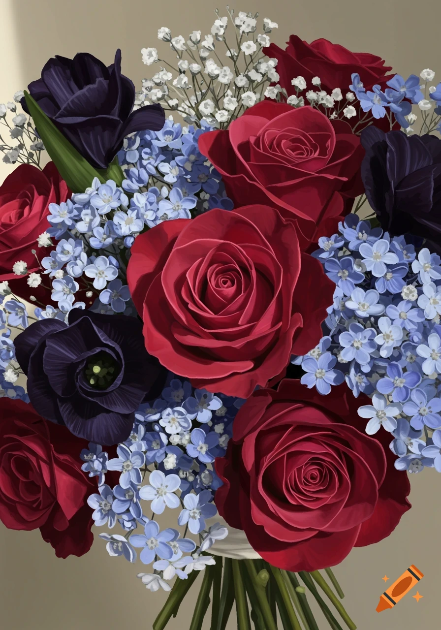 A bouquet of red roses, dark purple flowers, blue flowers, and baby's breath in a painted style.