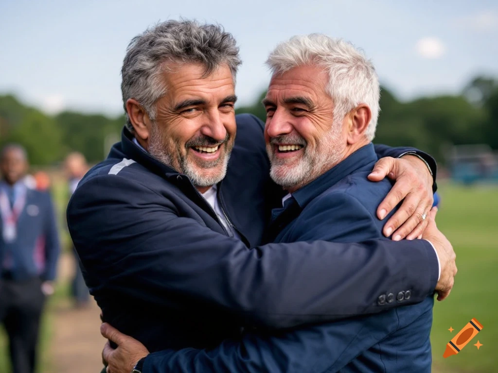 Two men hug and laugh outdoors.