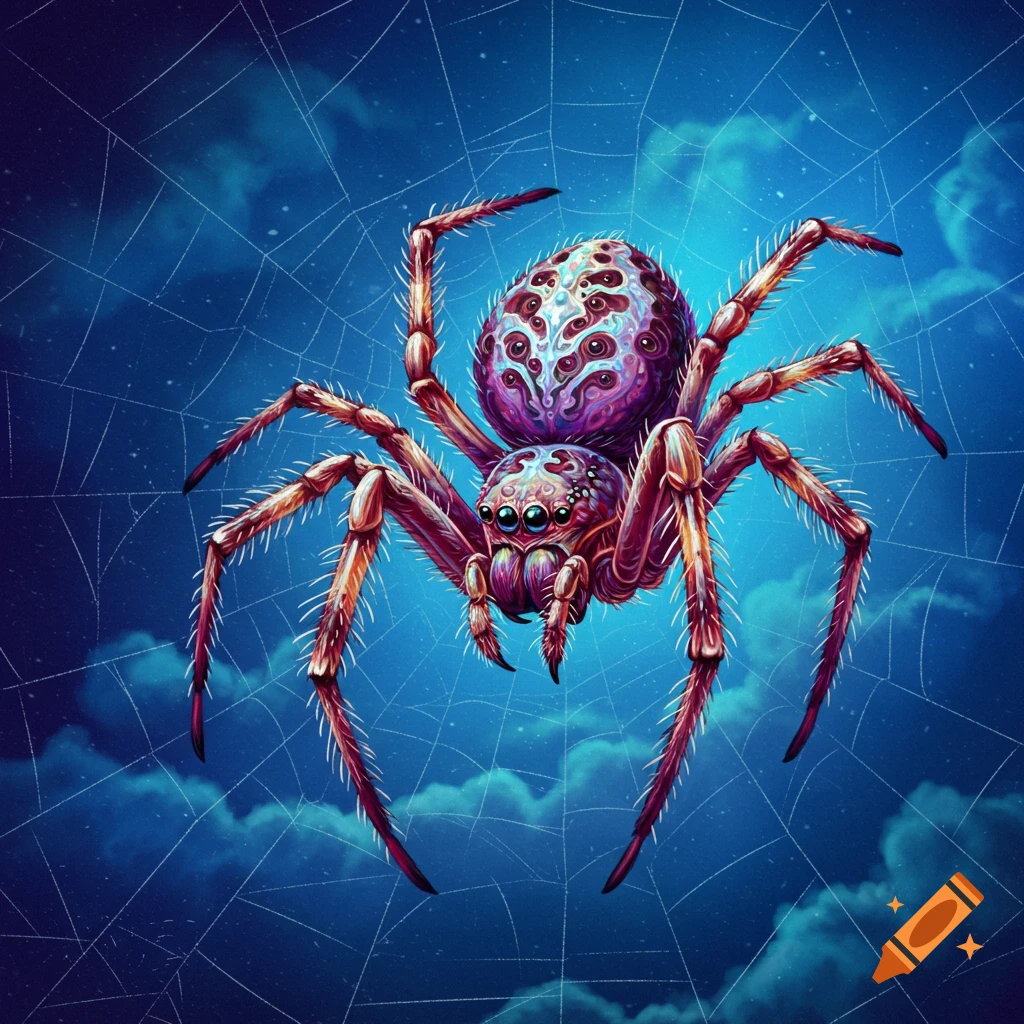 Colorful stylized spider on a web against a cloudy blue background.