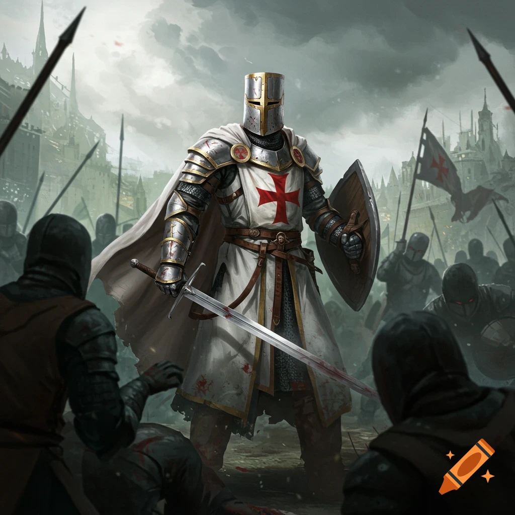 Templar Knight with sword and shield standing among soldiers on a battlefield with a castle in the background, digital painting