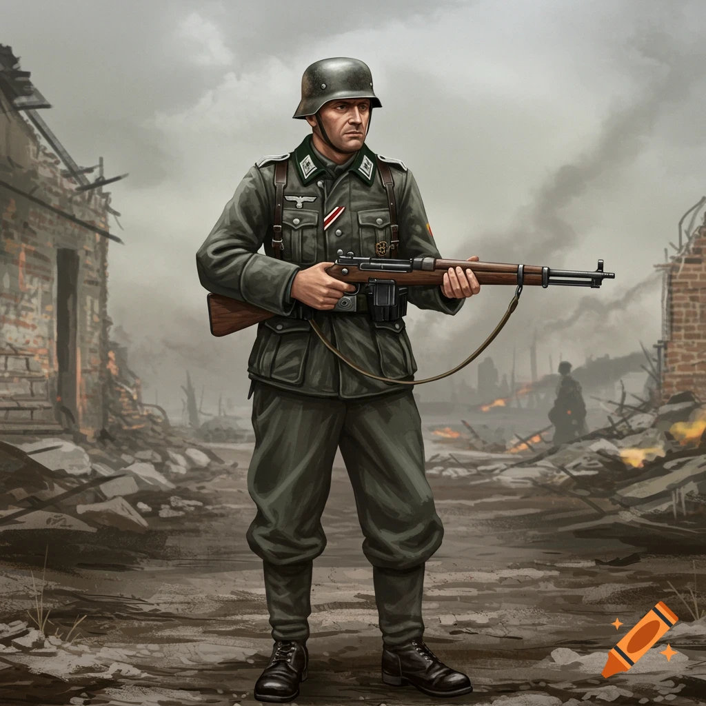 Illustration of a German WWII soldier standing in a ruined city holding a rifle.