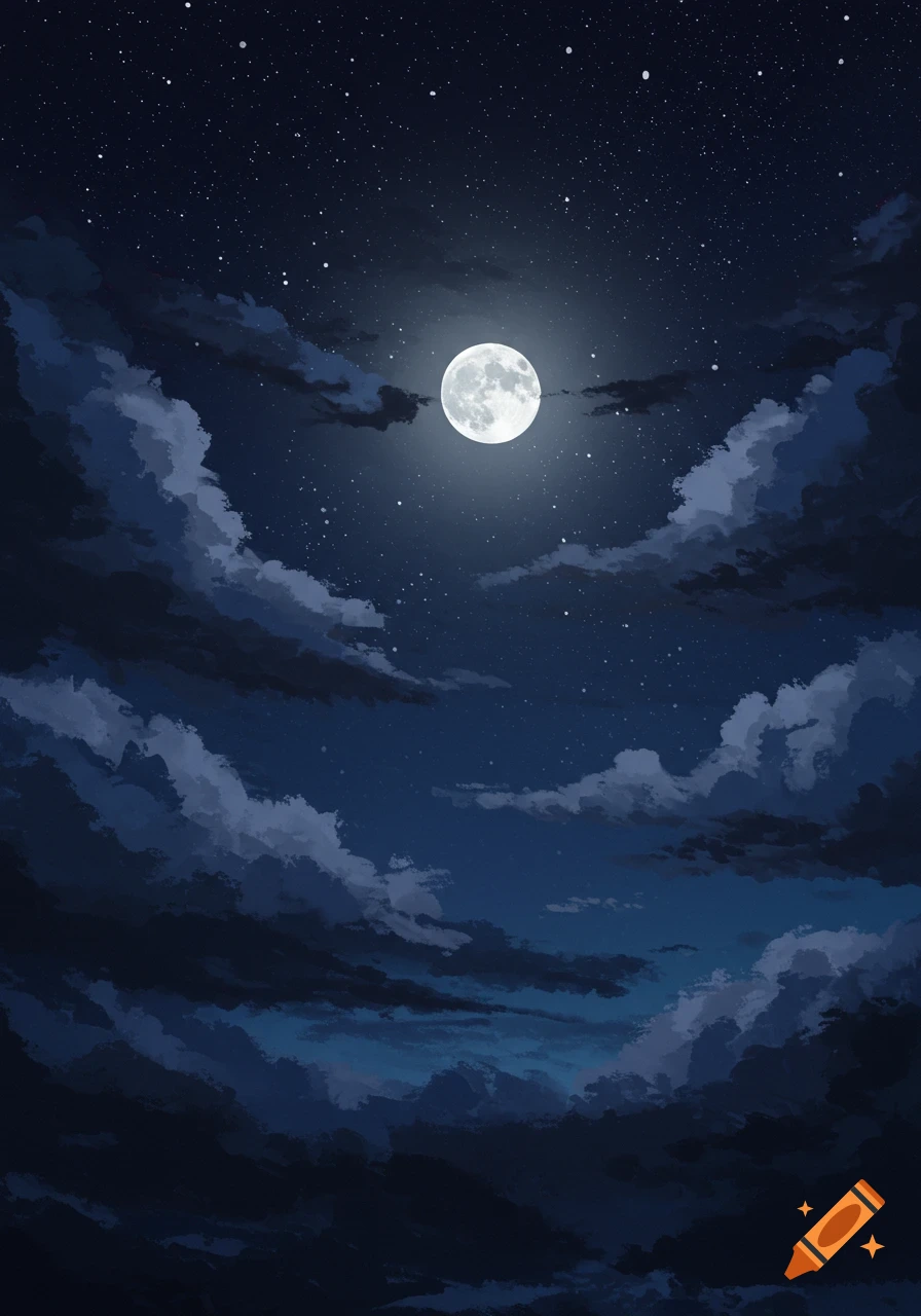 Painting of a full moon in a dark, cloudy, starry night sky
