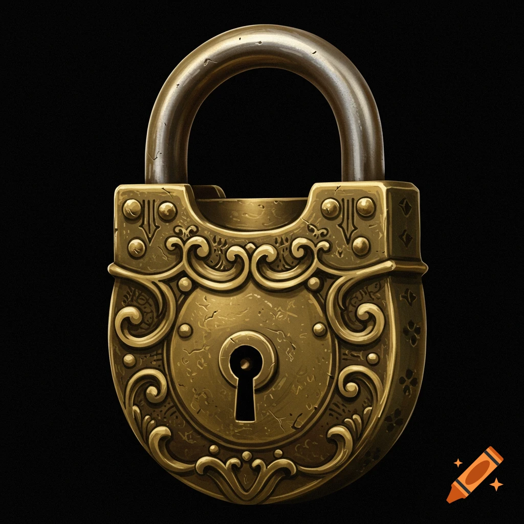 An ornate antique brass lock on a black background.