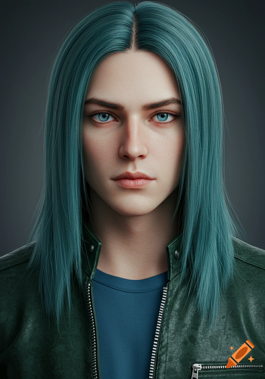 A realistic portrait of a person with long blue-green hair and blue eyes wearing a dark green leather jacket.