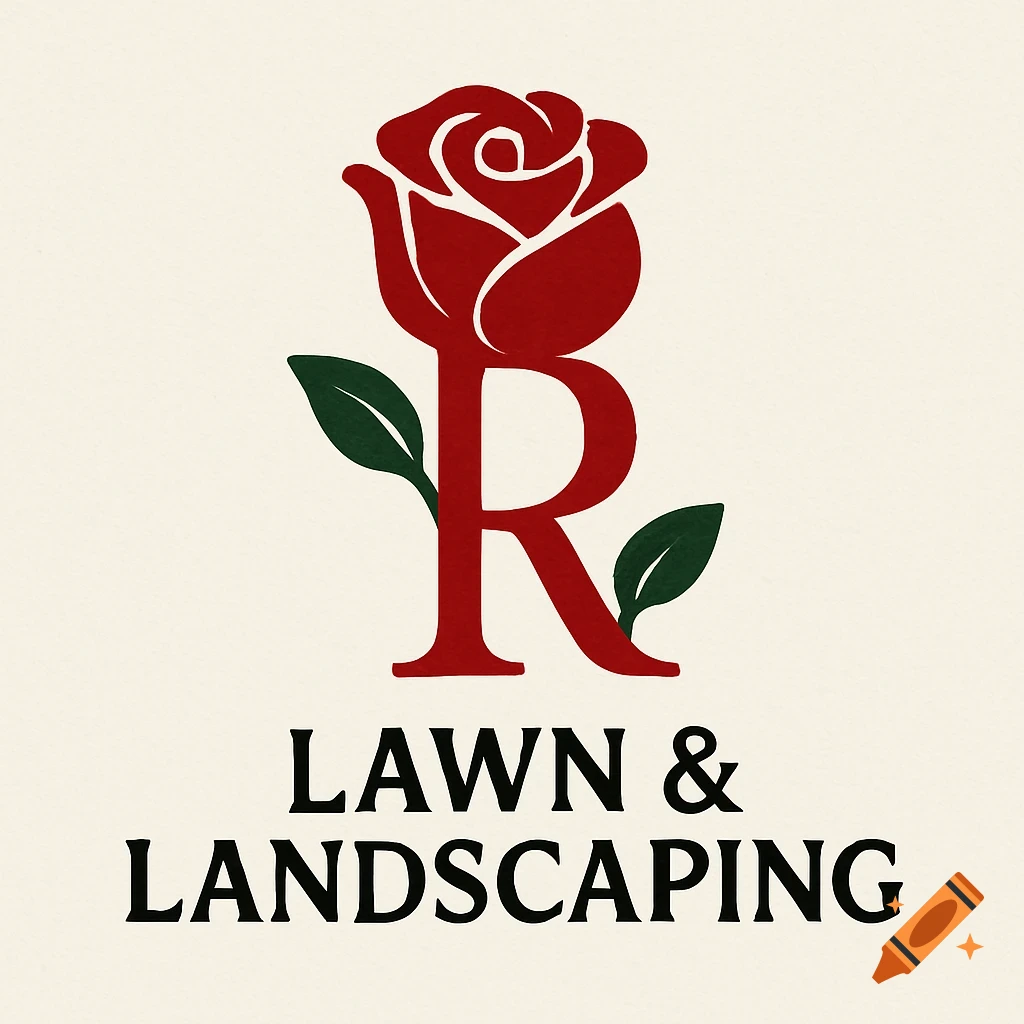 Logo with red R and rose above text Lawn & Landscaping